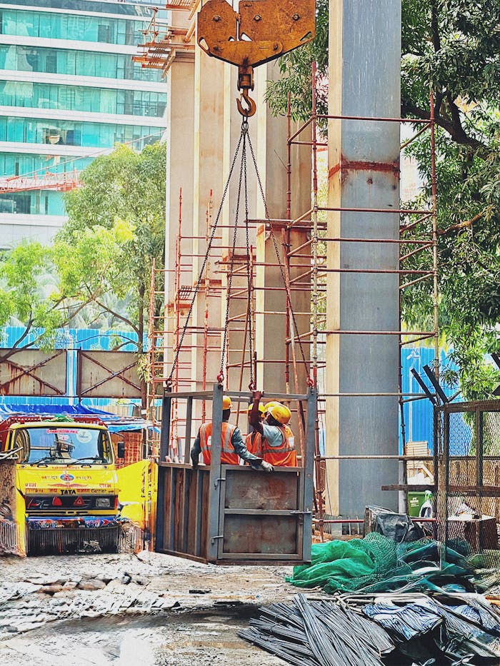 Construction workers operating a crane at a busy urban construction site.